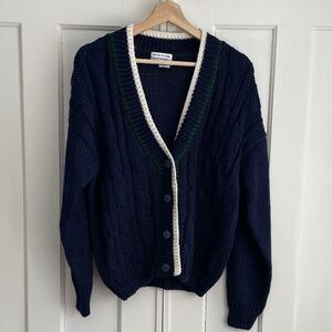 Currants Oversized Navy Cardigan Sweater Hand Knit Dark Academia Preppy Large